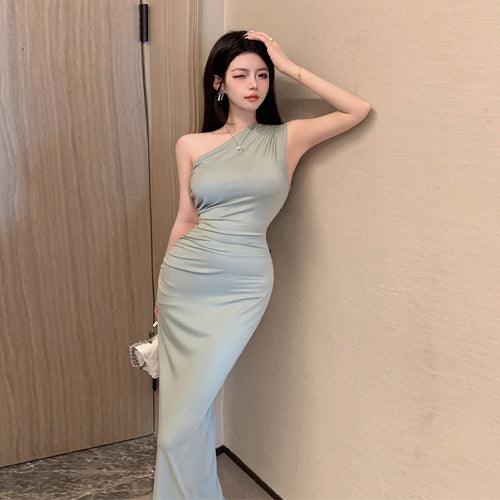 Kvinnors Lång Klänning En-axel Bodycon Högkvalitativt Tyg-1