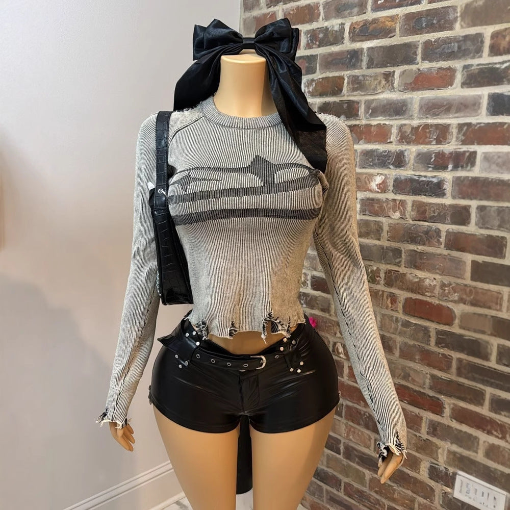 Dam Topp Avslappnad Stickad Nylon med Långa Ärmar-2