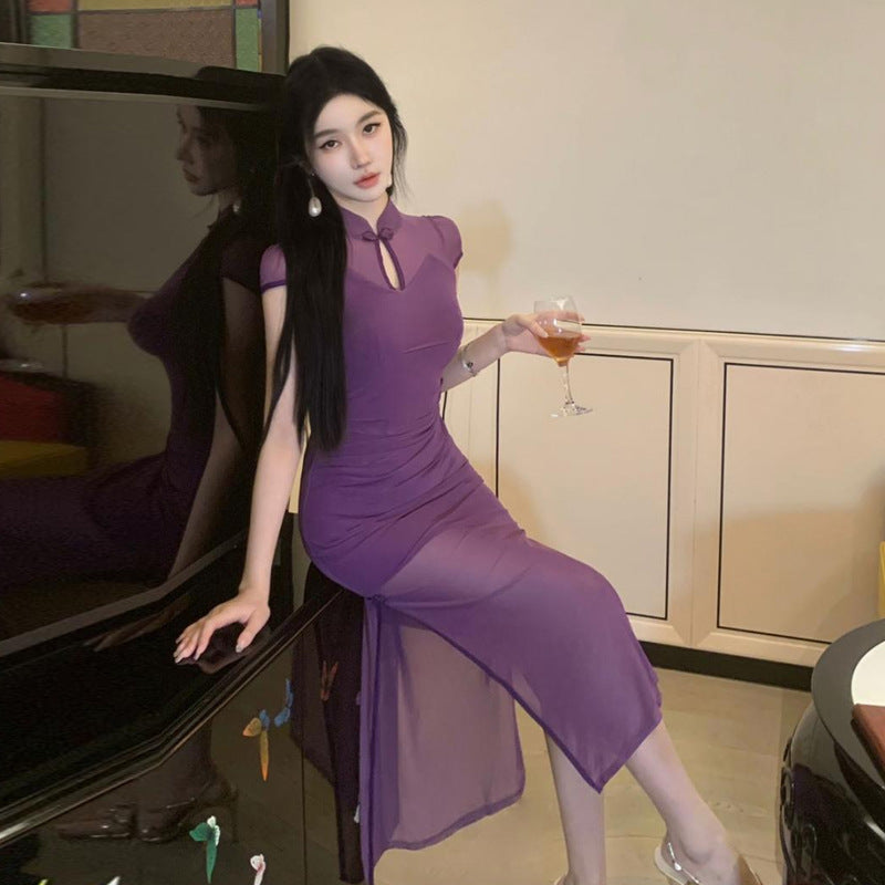 Dam Qipao Klänning Lång Tyll Hög Slits Ärmlös Pendelstil-5