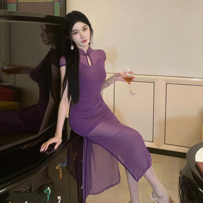 Dam Qipao Klänning Lång Tyll Hög Slits Ärmlös Pendelstil-5