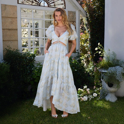 Dam V-ringad Klänning Tryckt Polyester med Slits-5