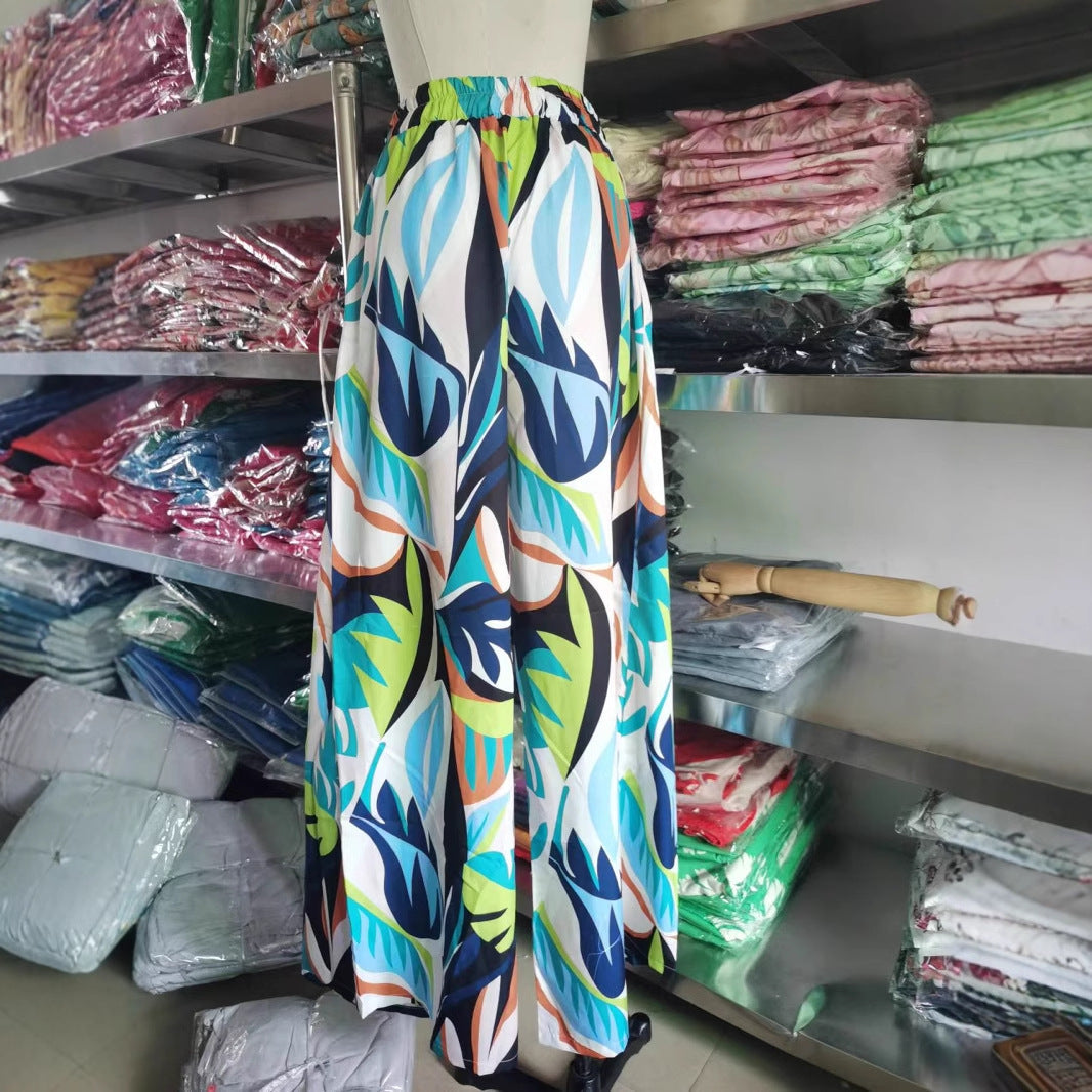 Höga Midja Bredbenade Byxor för Kvinnor i Elastiskt Tyg med Tryckt Mönster – Trendig och Bekväm Stil 3