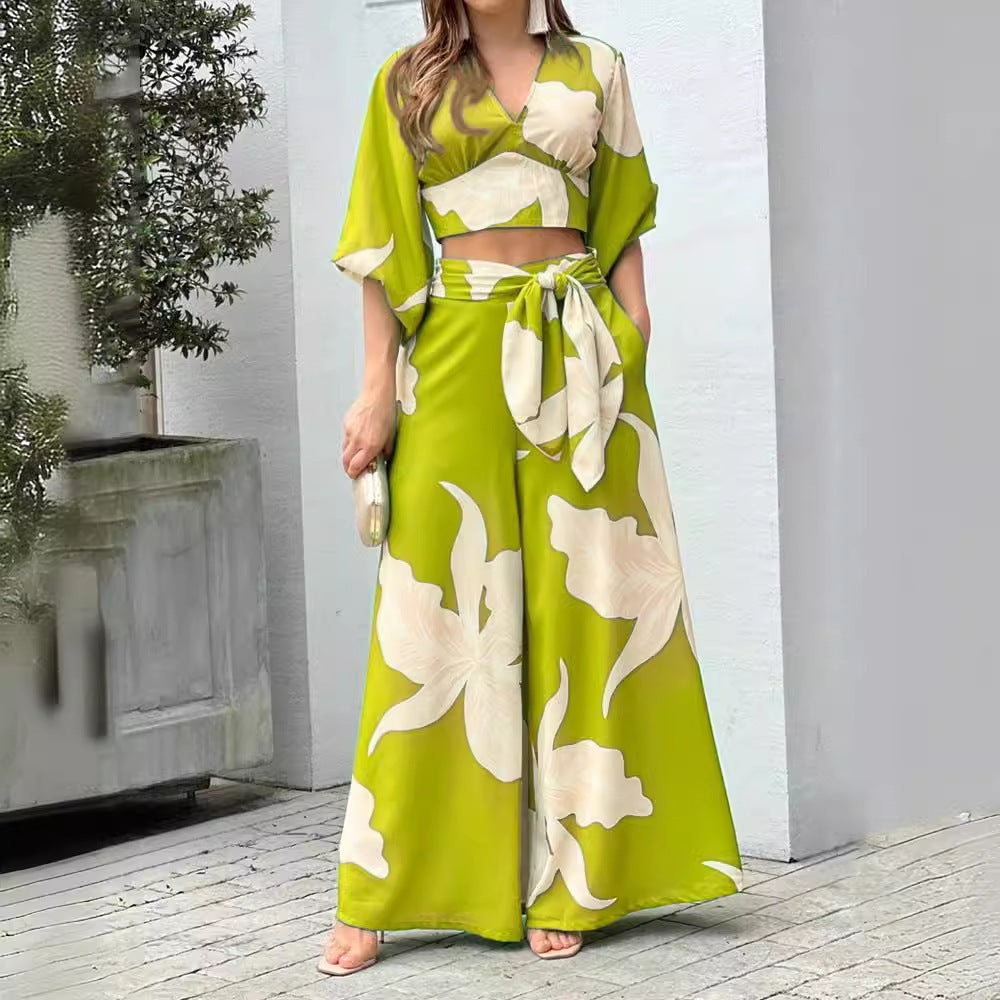 Kvinnors Abstrakt Mönstrad Top med Lyktärmar och Högmidjade Byxor Polyester 4