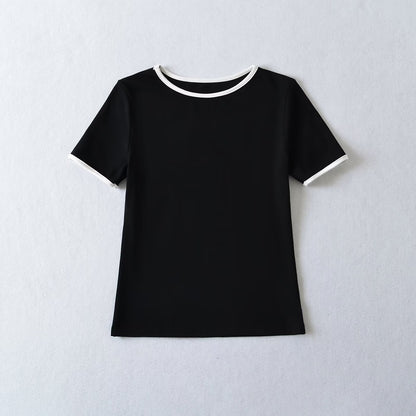 Dam T-Shirt med Kort Ärmar och Kontrastkrage i 100% Bomull – Trendig och Bekväm för Vardag och Fritid 9