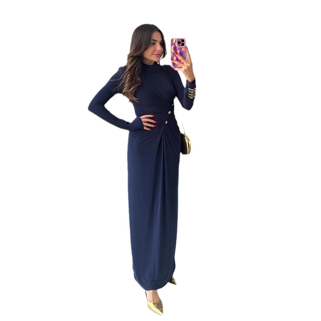 Elegant A-Linje Damklänning med Långa Ärmar och Midjeknapp – 100% Polyester, Fina Dam Klänningar för Vardags och Fest 6