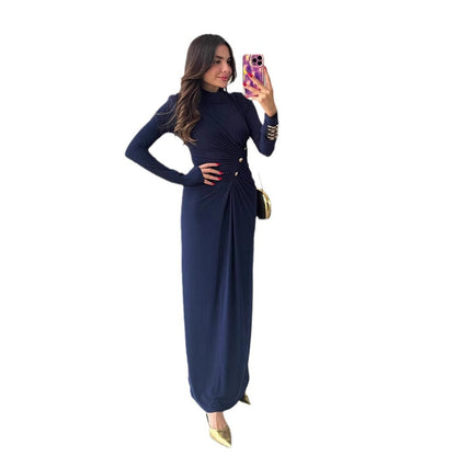 Elegant A-Linje Damklänning med Långa Ärmar och Midjeknapp – 100% Polyester, Fina Dam Klänningar för Vardags och Fest 6