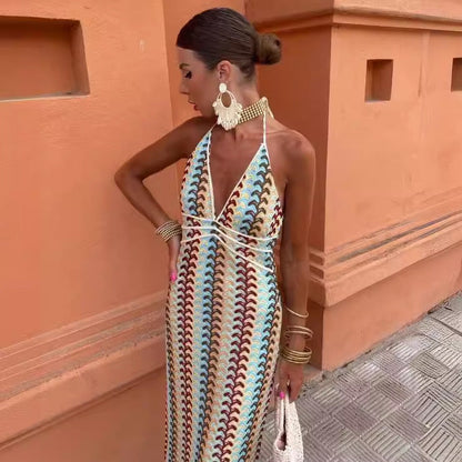 Kvinnors Stickad Klänning Djup V-ringning Vågmönster-5