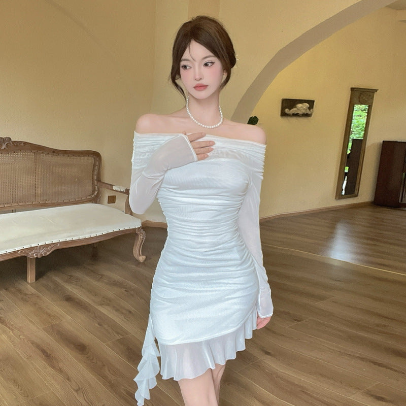 Damklänning Off-Shoulder Rysch Långärmad Polyester-1