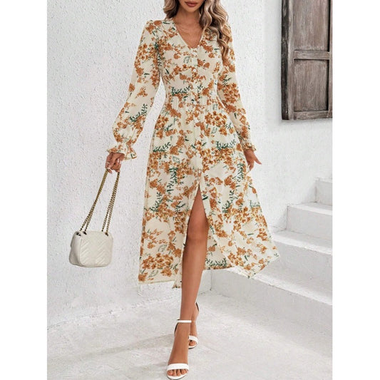 Dam A-linjig Klänning med V-ringning Lång Ärme Polyester Tryck-1