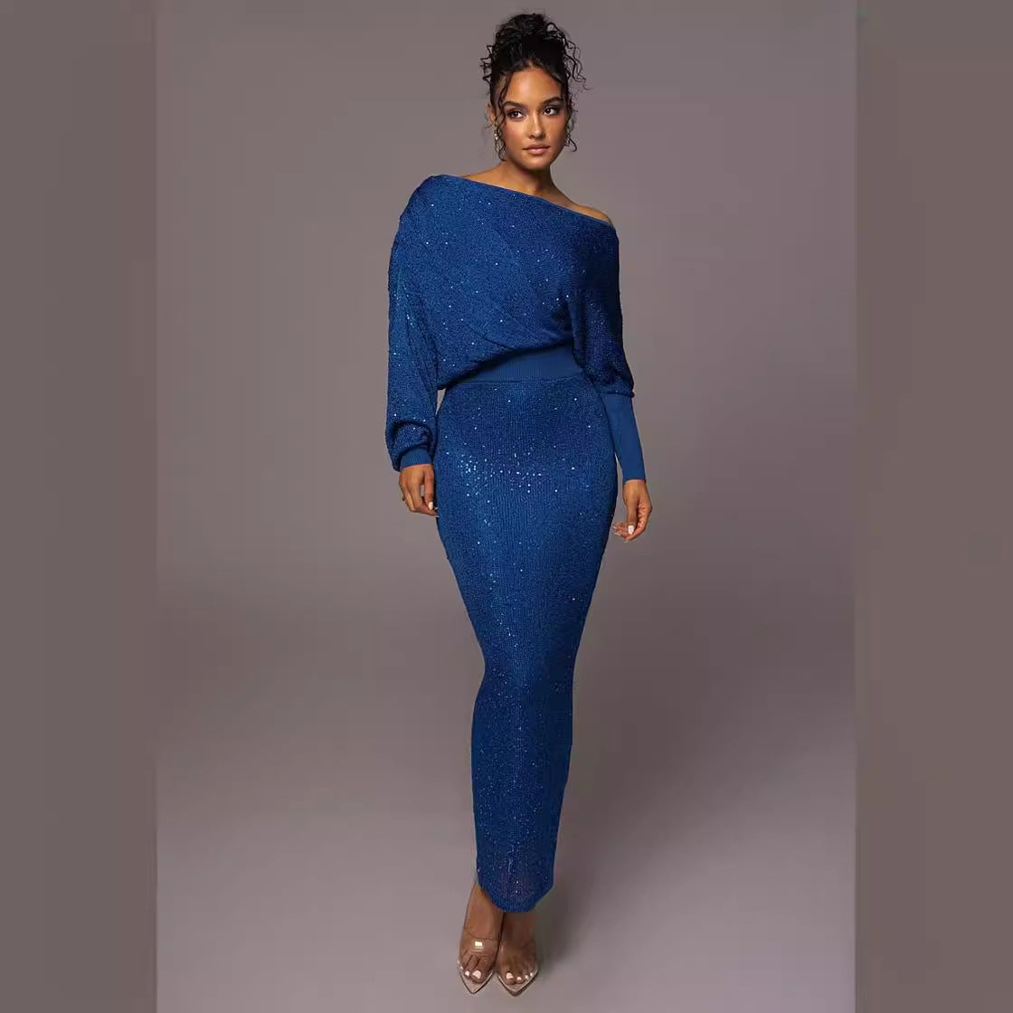 Damklänning Asymmetrisk Axel Lång Ärmar Högkvalitativt Tyg 5