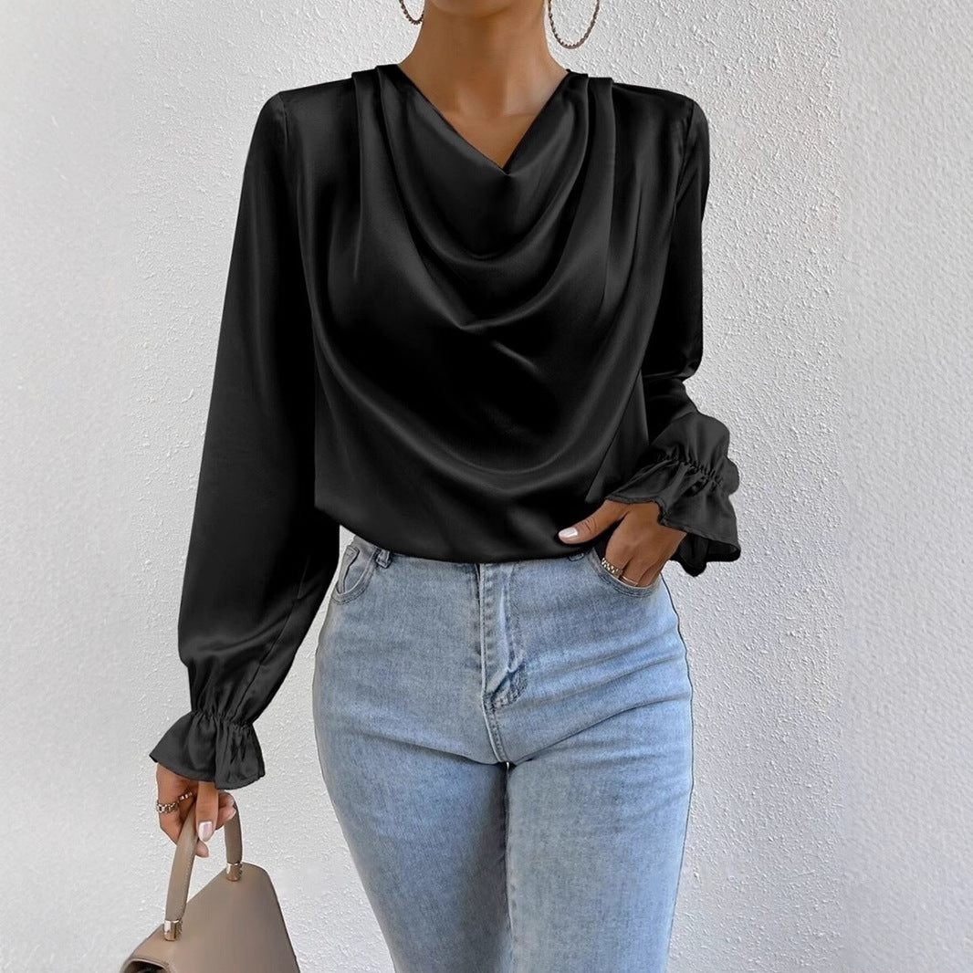 Dam Blus Turtleneck Långärmad Satin Loose Fit-2