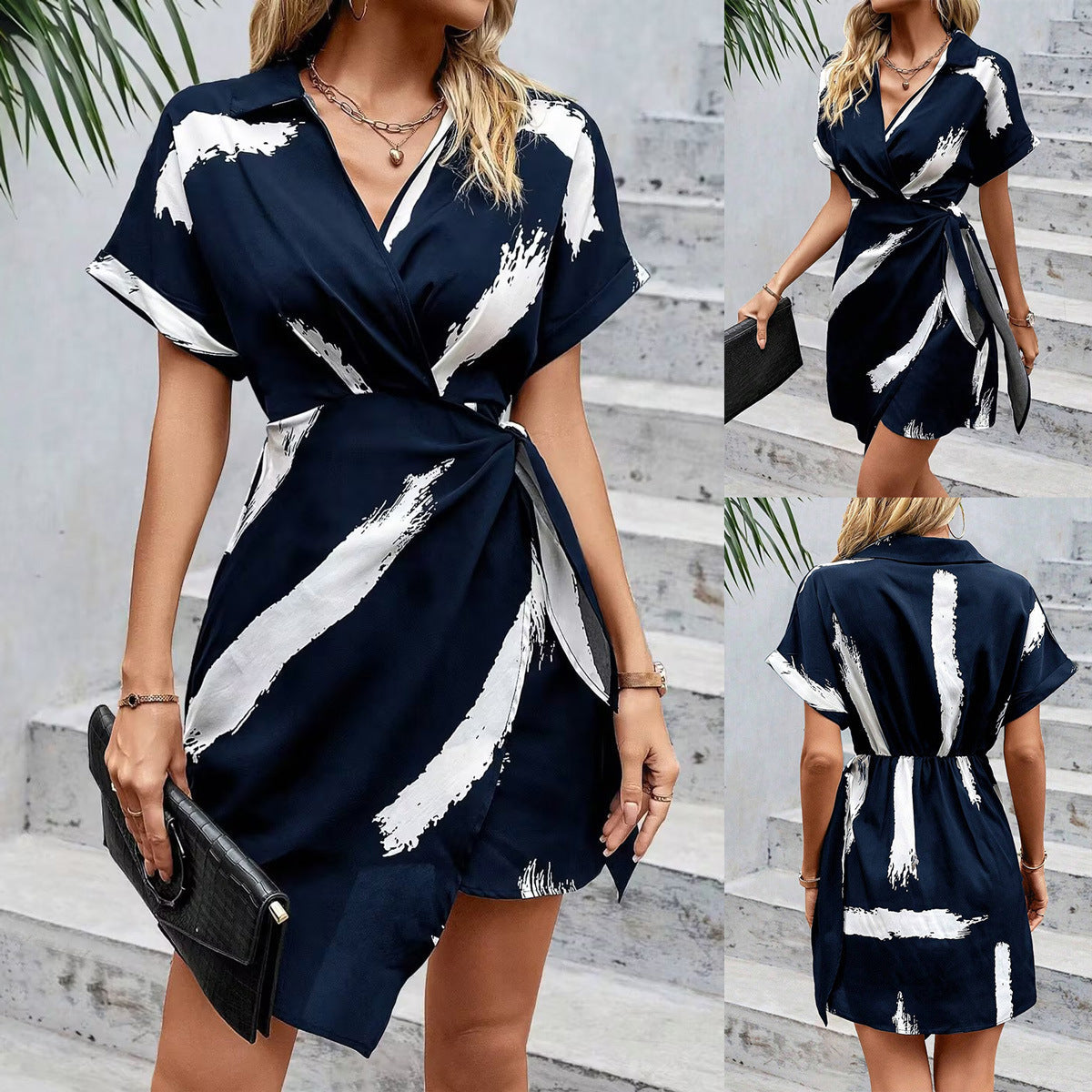 Kvinna V-ringad Klänning Asymmetrisk Polyester-2