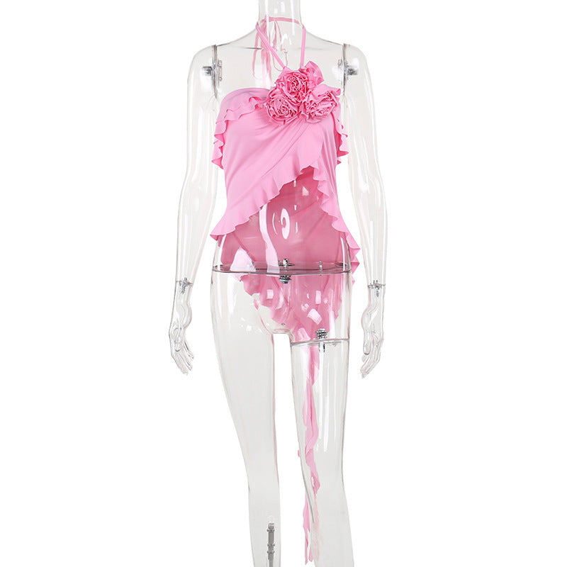 Kvinnors Ruffle Topp Asymmetrisk Design Andningsbart Material 1