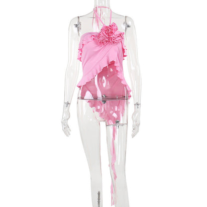 Kvinnors Ruffle Topp Asymmetrisk Design Andningsbart Material 7