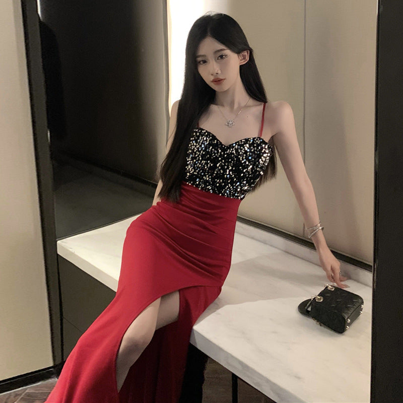 Kvinnor Lång Sjöjungfru Klänning V-hals Spaghetti Remmar Polyester Elastan-4