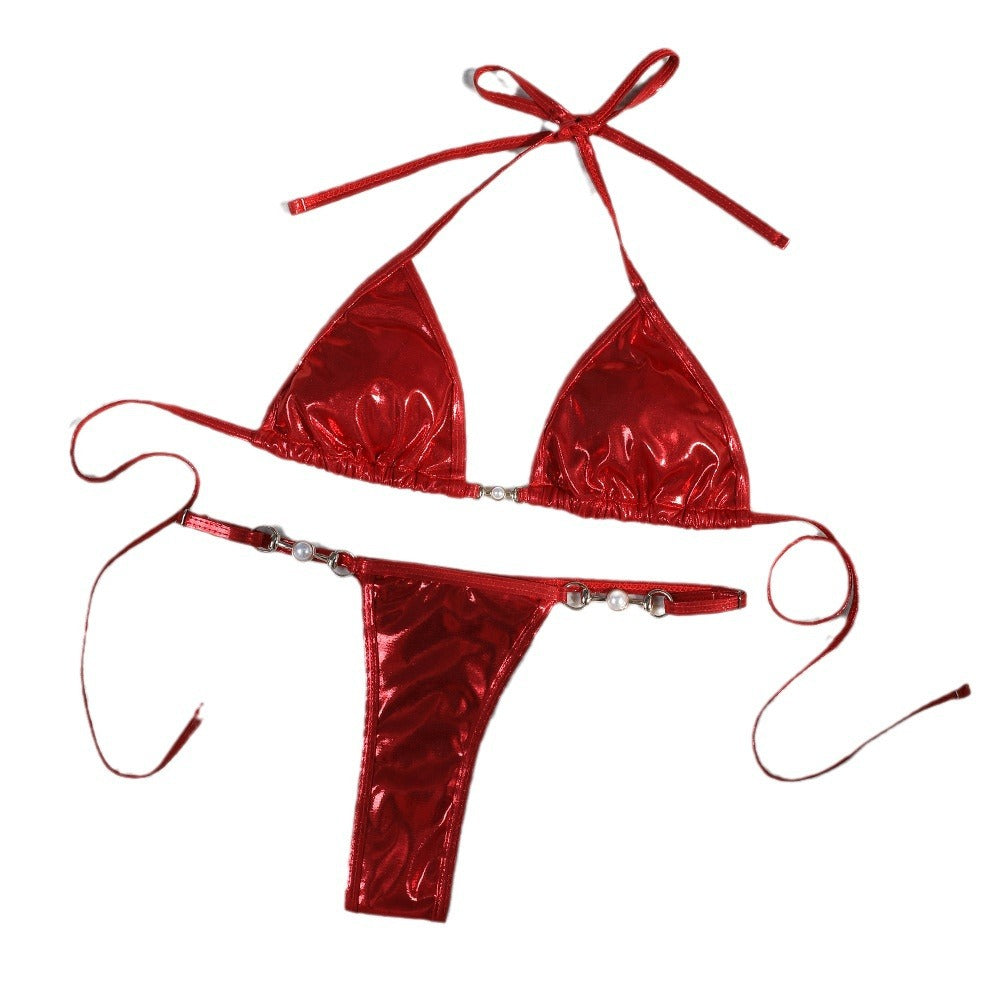Dam Bikini Skimrande Design med Pärldetaljer i Elastiskt Material-6