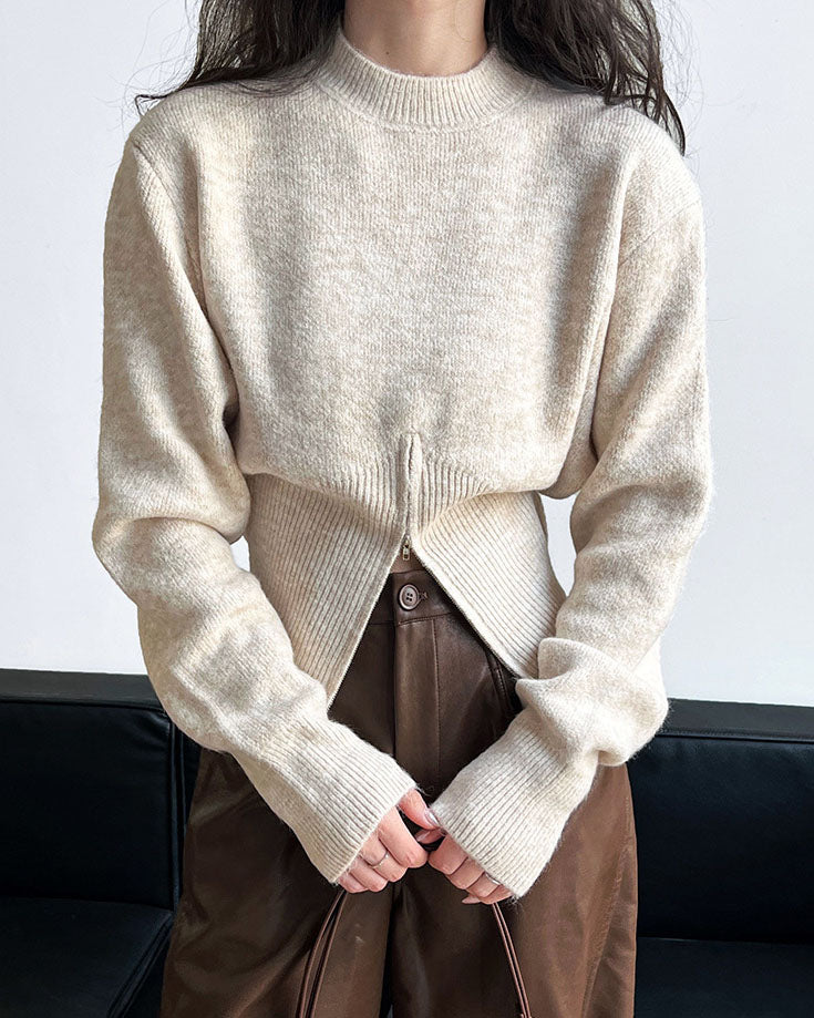 Dam Tröja Rundhalsad med Dragkedja i 100% Bomull-4