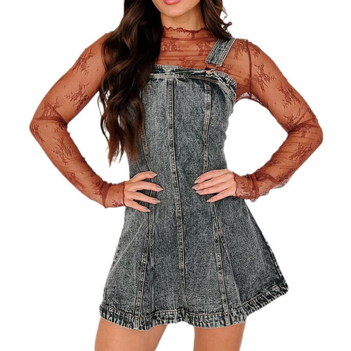 Dam Denimklänning Justerbar A-linjeformad Fyrkantig Design-1