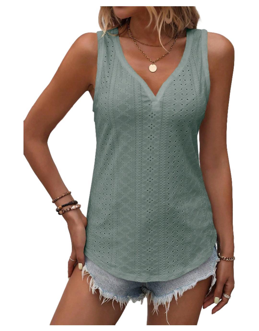 Dam Löst Sittande Tank Top V-Ringning Polyester-1