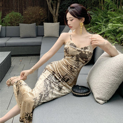 Dam Maxiklänning V-ringning Spaghettiband 100% Polyester-4