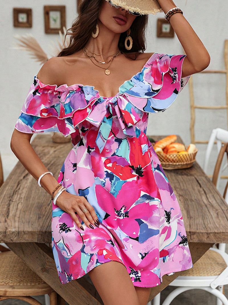 Kvinna Off-Shoulder Klänning Blommig A-Linje Fyra-Vägs Sträckt Tyg-1