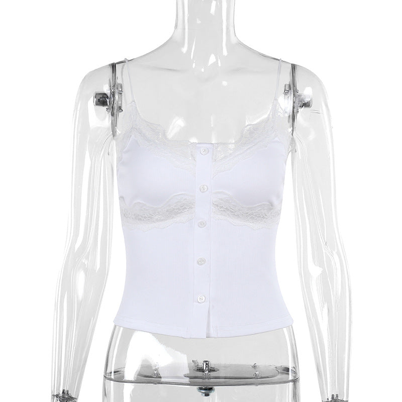 Kvinnors Festtopp med Knappstängning och Justerbara Spaghettirem – Elegant Cami Topp i Polyester för Fest och Vardag 7