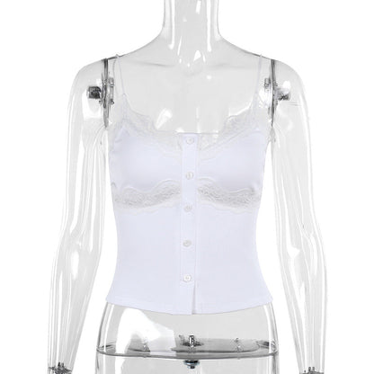 Kvinnors Festtopp med Knappstängning och Justerbara Spaghettirem – Elegant Cami Topp i Polyester för Fest och Vardag 7