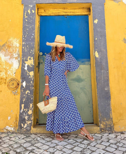 Lång Klänning för Kvinnor A-linjeformad med V-ringning och Puffärmar i Polyester – Elegant och Trendig, Storlek S-3XL 4