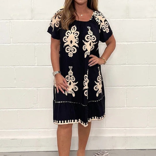 Dam Klänning Kortärmad Utskriven Polyester-1