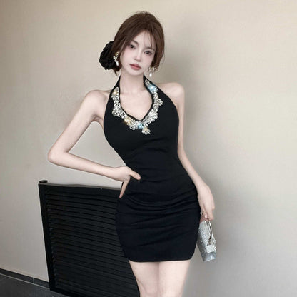 Kvinnors Bodycon Klänning Halterneck med Strass Polyester Elastan-3
