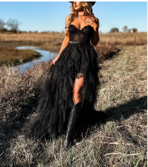 Maxiklänning Dam Asymmetrisk Off-Shoulder Tulle Lång Kjol-1