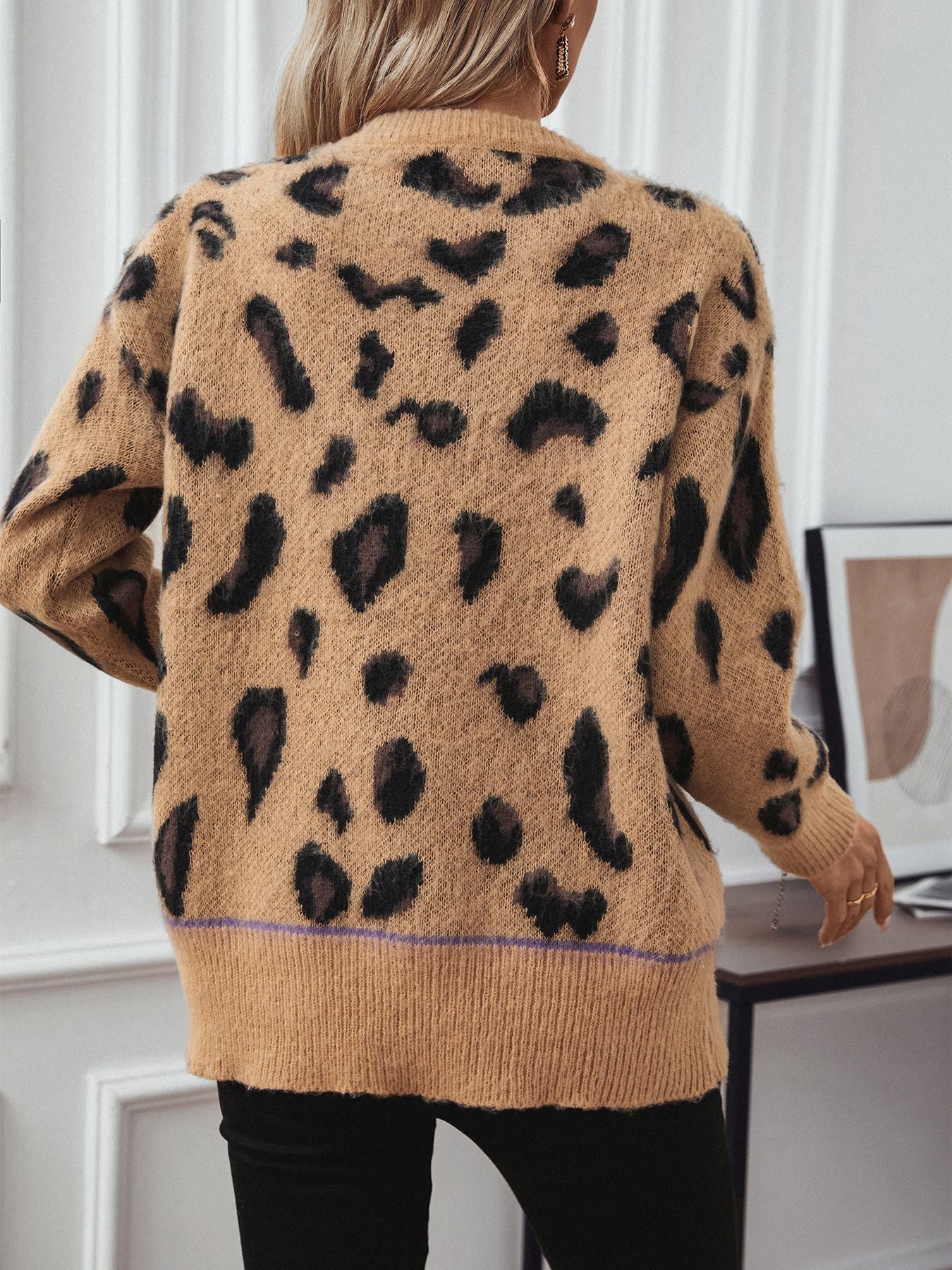 Dam Fleece Pullover Leopard Jacquard Mjuk Polyester-3