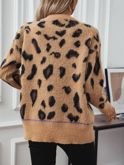 Dam Fleece Pullover Leopard Jacquard Mjuk Polyester-3