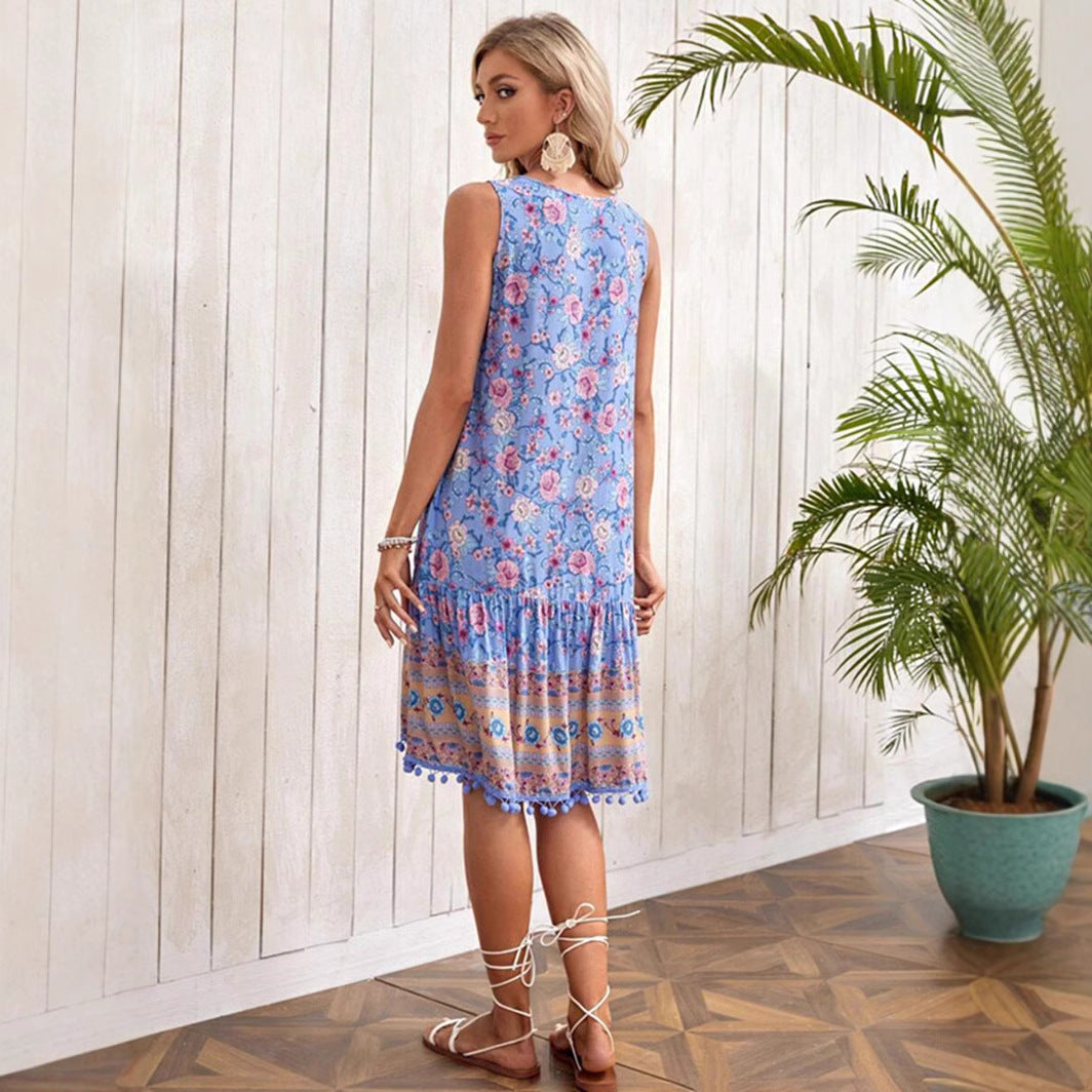 Kvinnors V-ringad Klänning Blommönster Bomull Spandex-3