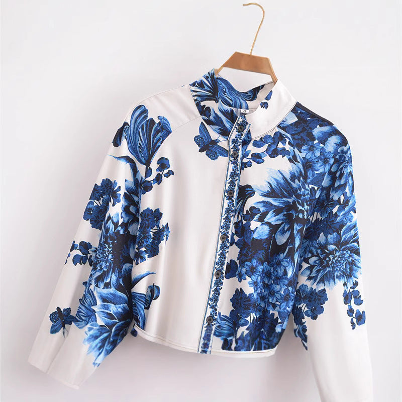 Dam Lång Kjol Mönstrad Halvhög Krage Polyester Elegant Stil-3