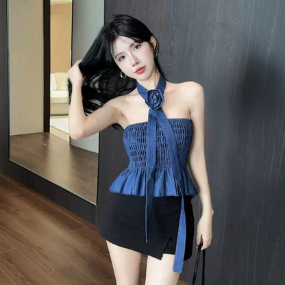 Dam Faltentop Blommönster Denim Avslappnad-3