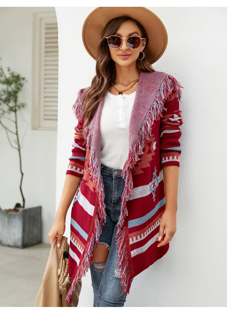 Stickad Dam Tröja Geometrisk Jacquard Akryl Lång Ärmd-4