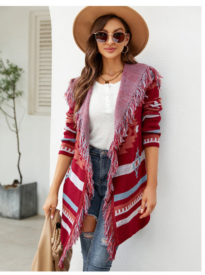 Stickad Dam Tröja Geometrisk Jacquard Akryl Lång Ärmd-4