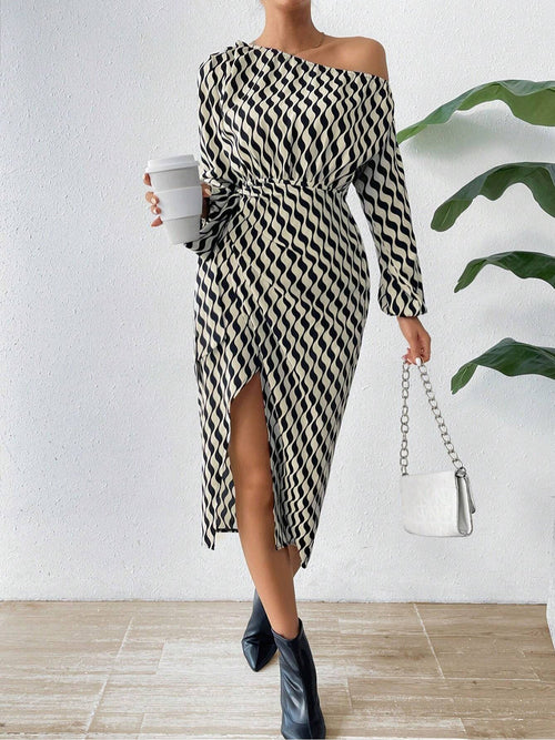 Dam Maxiklänning Randig Långärmad Polyester Elegant-1