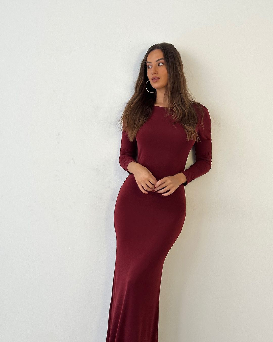 Variant image for Dam Klänning Långärmad V-hals Enfärgad Högkvalitativt Tyg-6