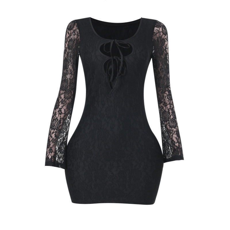 Kvinnors Toppklänning Långärmad Spets Figursydd-6