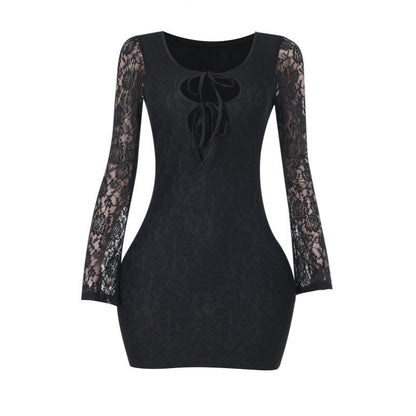 Kvinnors Toppklänning Långärmad Spets Figursydd-6