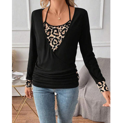 Dam T-shirt Slim Fit Leopardsmönster V-ringning Polyester Spandex-4