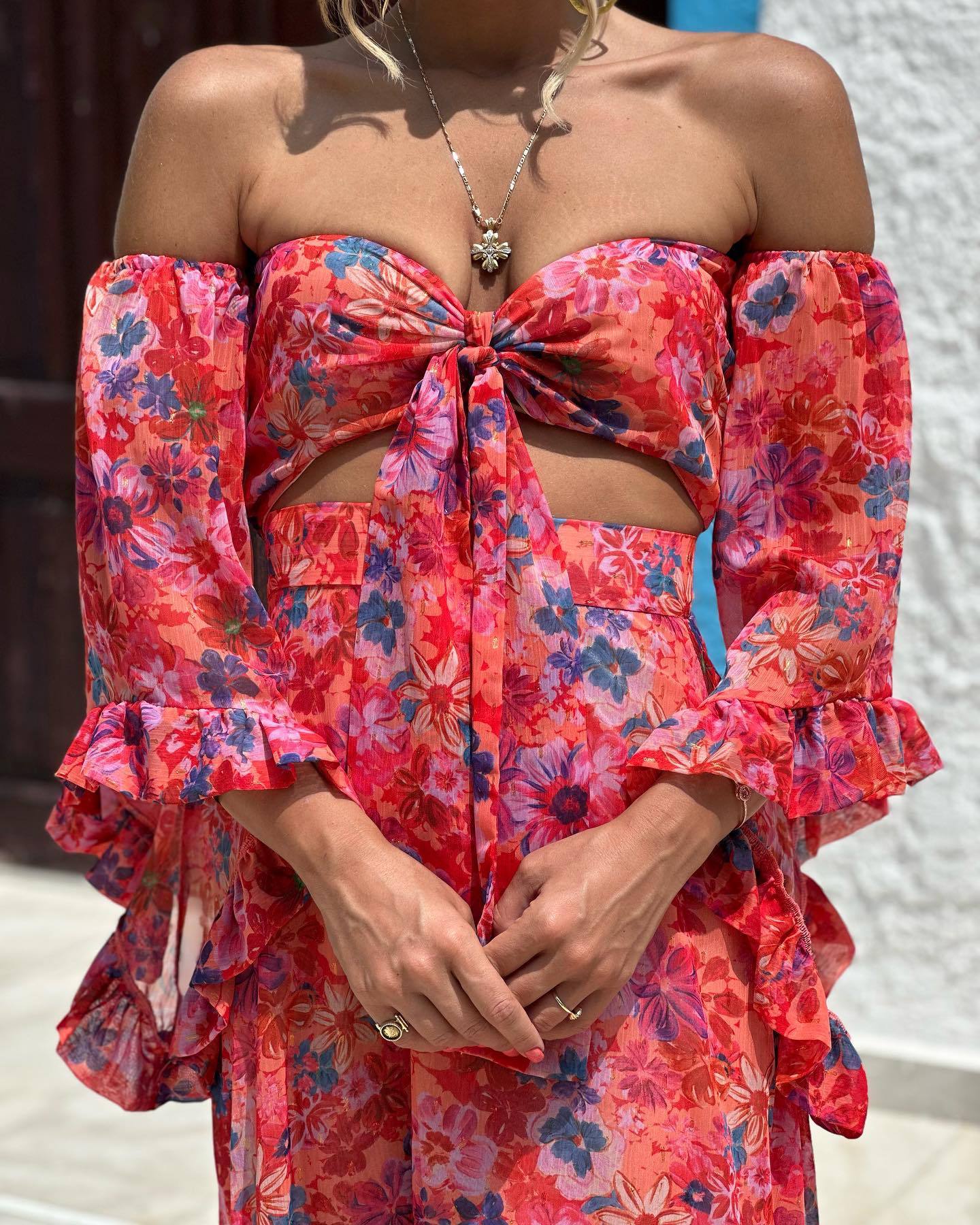 Kvinna A-Line Klänning Tryckt Polyester Långärmad V-Hals-3