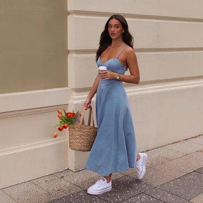 Damklänning A-linjeformad Denim V-ringning Utan Ärmar-3