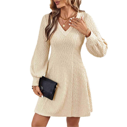 Kvinnors Stickad Klänning V-Ringning Puffärmar Högkvalitativt Material 5