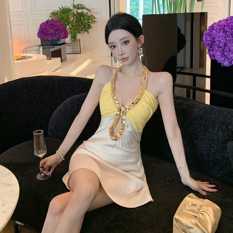 Kvinnors Halterneck Klänning Färgblockad Paljetter Polyester-4