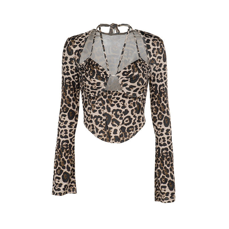 Dam Blus Leopardmönster Långärmad Elastisk-6