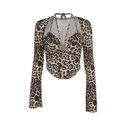 Dam Blus Leopardmönster Långärmad Elastisk-6