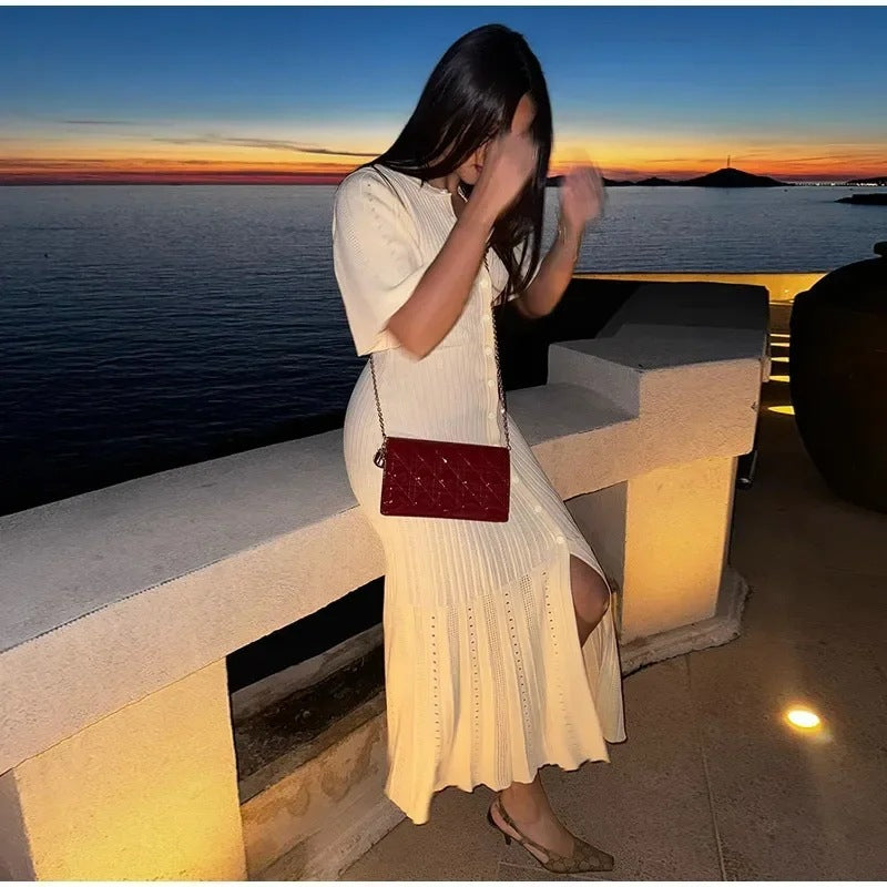 Kvinnors Stickklänning Avslappnad Puffärm Bomullsmix-3